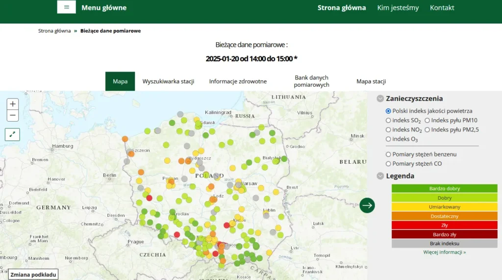 Mapa pogody na stronie Generalnego Inspektoratu Ochrony Środowiska