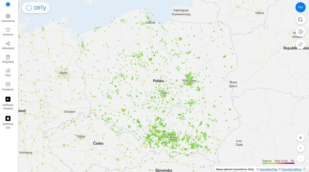 Mapa jakości powietrza w Polsce w  Airly. Źródło: Airly.pl