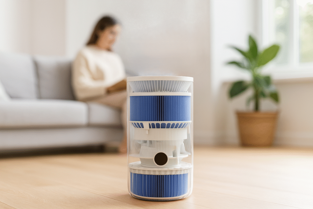 Ewaporacyjny nawilżacz powietrza Clofte Duo 400 w salonie - ilustracja działania