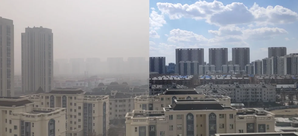 Chinśkie miasto Fanhe w dzień smogowy (po lewej) i bezsmogowy (po prawej) Źródło: Wikimedia Commons