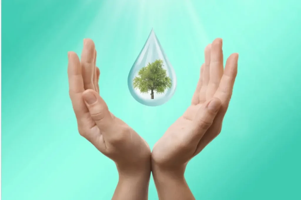 Kropla woda z choinką na zielonym tle